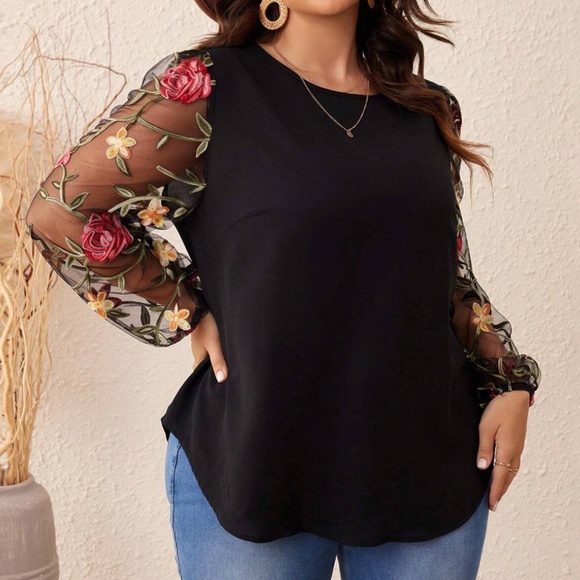 Chaplin Sheer Embroidered Floral Top Black
